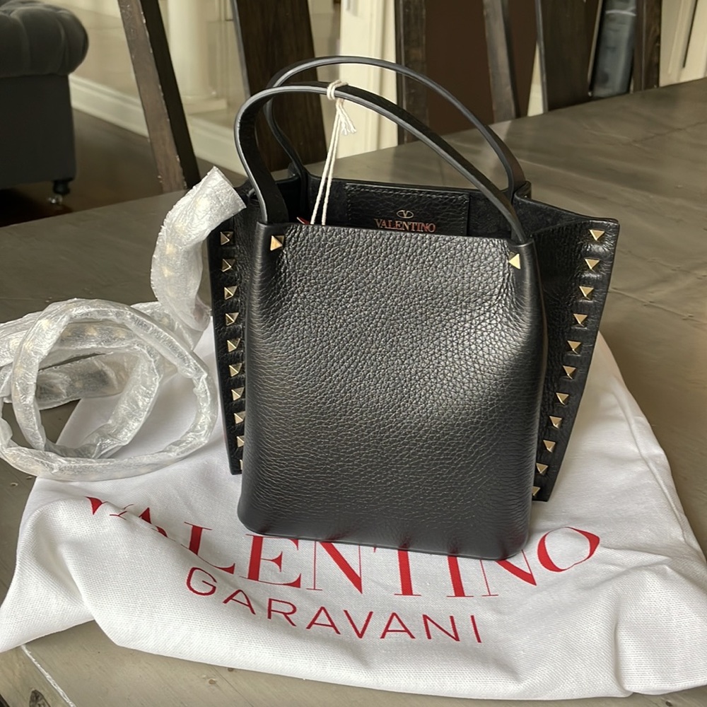 Valentino rockstud small black pebbled leather tote crossbody strap bag clutch - Picture 6 of 15